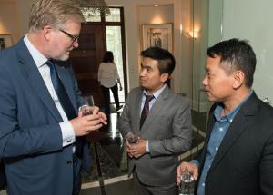 Sang Hnin Lian (centre) and Steven Naw Awng (right) are greeted by the Ambassador of the Kingdom of the Netherlands, Henk van der Zwan, at a high-level luncheon hosted at his residence.