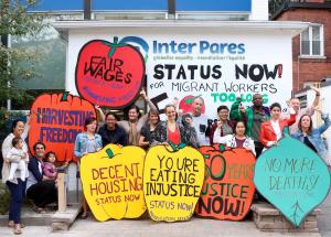 Inter Pares staff celebrate with caravan members their arrival in Ottawa.