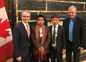 CHRO’s Sang Hnin Lian and KDNG’s Steven Naw Awng, centre, with Bruce Stanton (left), Member of Parliament and Chair of the Canada-Myanmar Parliamentary Working Group, and Dennis Patterson (right), Senator.