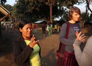 Ze Nyoi (left), an elected IDP leader, with Samantha McGavin (right), in Janmai IDP (internally displaced persons) camp, Kachin State.