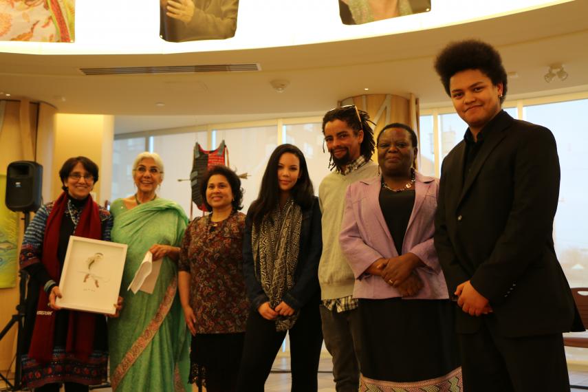 Members of CCMW pose with members of Peter Gillespie's family at the presentation of the 1st Peter Gillespie Social Justice Award. L-R: Farhat Rehman, Alia Hogben, Fauzya Talib, Lexxus Gillespie, Letso Gillespie, Lulama Tobo-Gillespie, Kagiso Gillespie.