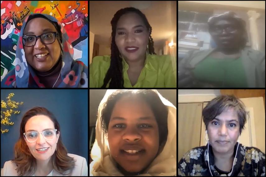 A screenshot of a Zoom meeting featuring six women.