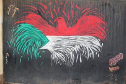 Photo of graffiti of a stylized bird in green, white and red.