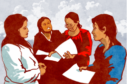 A group of illustrated women stand in a circle facing each other holding papers and discussing.