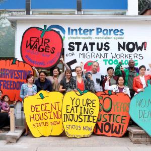 Inter Pares staff celebrate with caravan members their arrival in Ottawa.