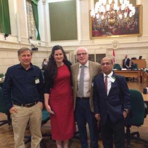 Staff members Rebecca Wolsak and Kevin Malseed at the parliamentary hearings with fellow witnesses Alex Neve (Amnesty International Canada) and Dr. Abid Bahar (Dawson College). Credit: Amnesty International Canada