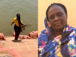 Two photos of women working to ensure the Sudan crisis is not forgotten. Reham is a young woman with her back to the camera and water in front of her. The second is Ilham, a woman looking determined.