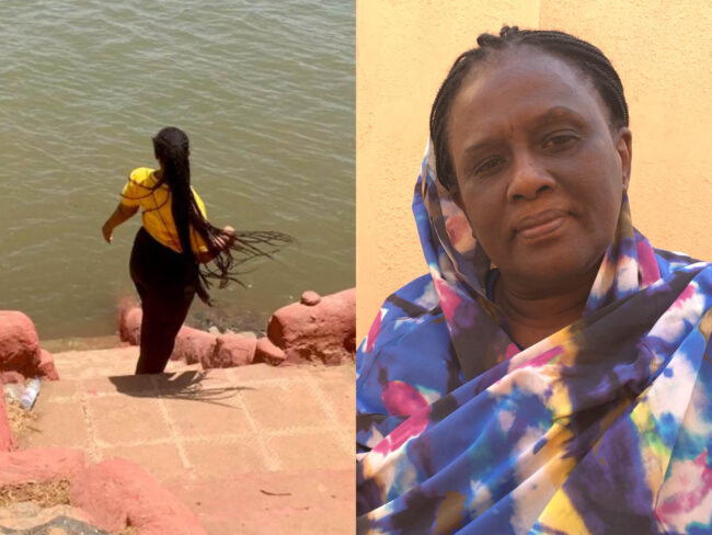 Two photos of women working to ensure the Sudan crisis is not forgotten. Reham is a young woman with her back to the camera and water in front of her. The second is Ilham, a woman looking determined.
