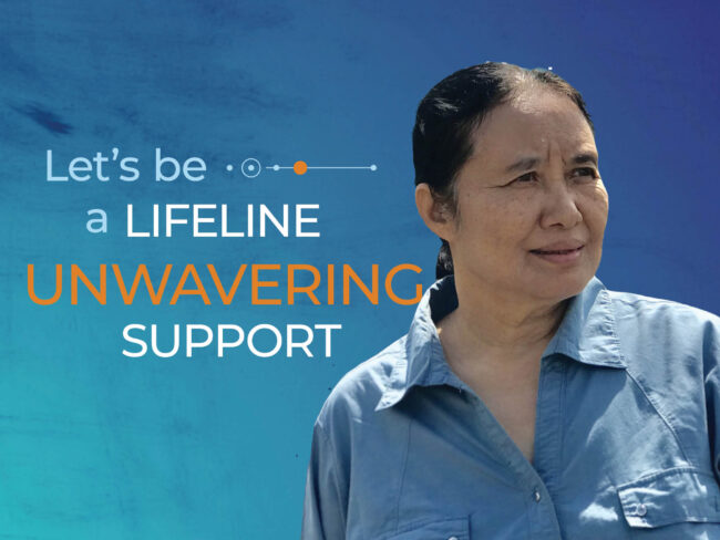 Text: "Let's be a lifeline of unwavering support" Text is next to a woman looking into the distance.