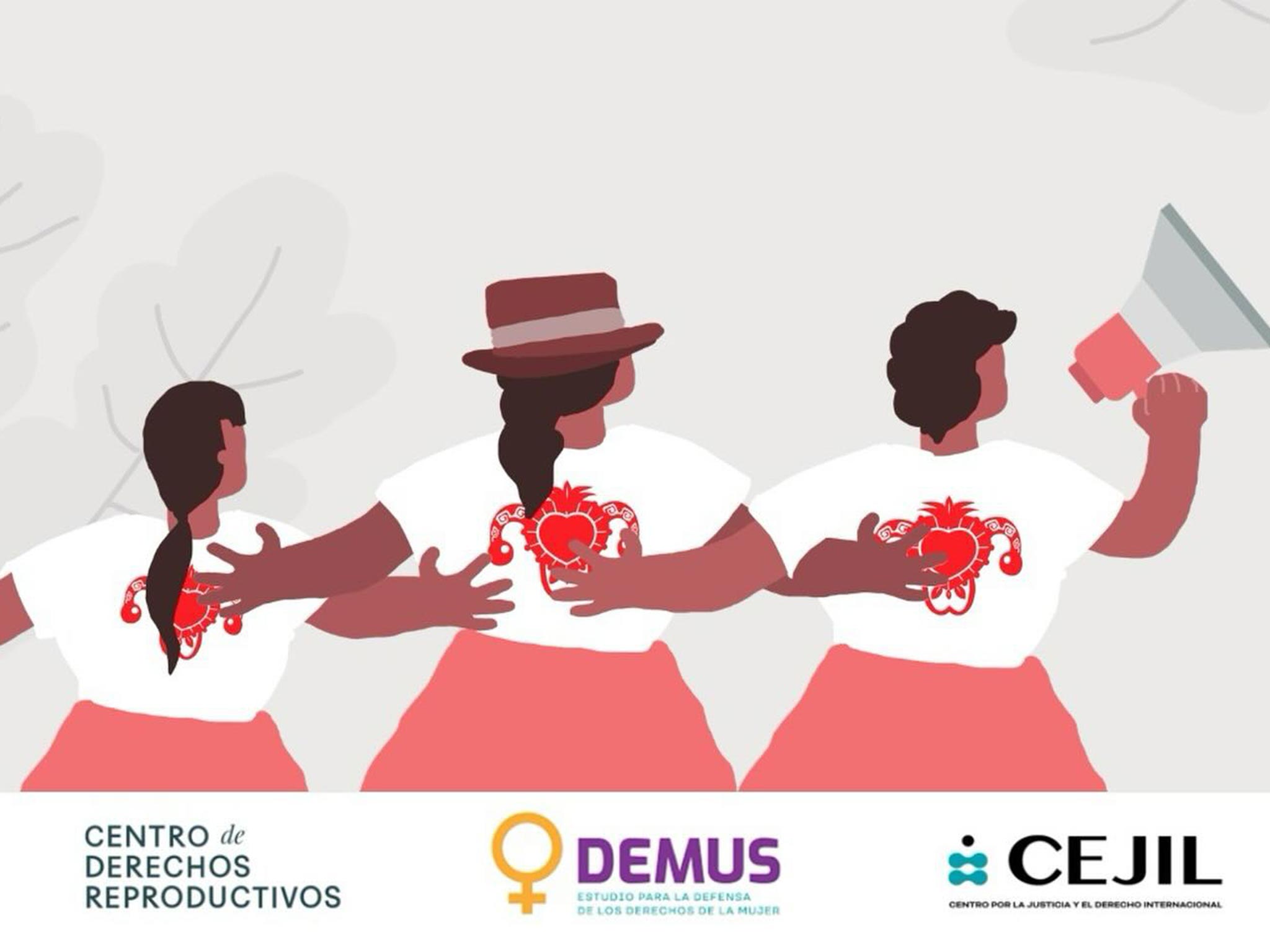Three illustrated people arm-in-arm. One holds a megaphone. Three logos are below the illustration: Centro de derechos reproductivos, DEMUS-Estudio para la defensa de los derechos de la mujer, and CEJIL-centro por la justicia y el derecho internacional