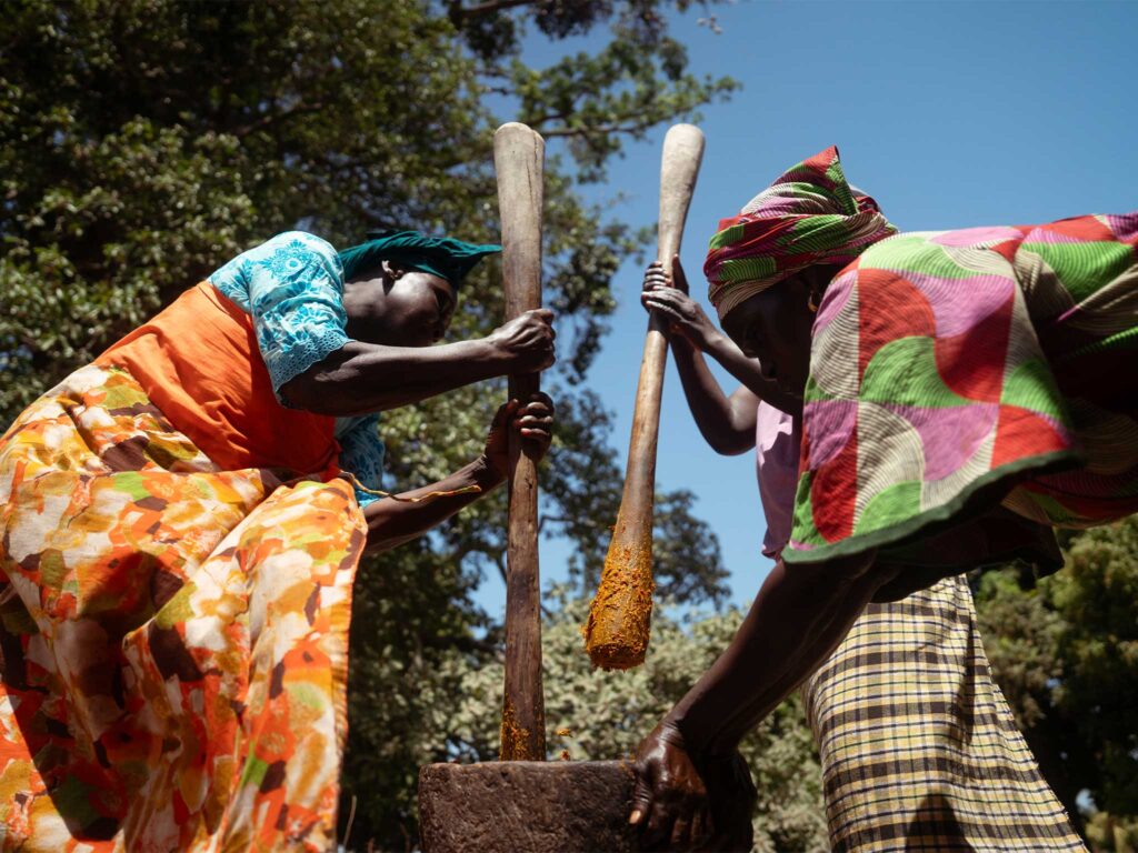 Two women outdoors pound ingredients in a large wooden mortar with long pestles, wearing brightly patterned clothing beneath trees.